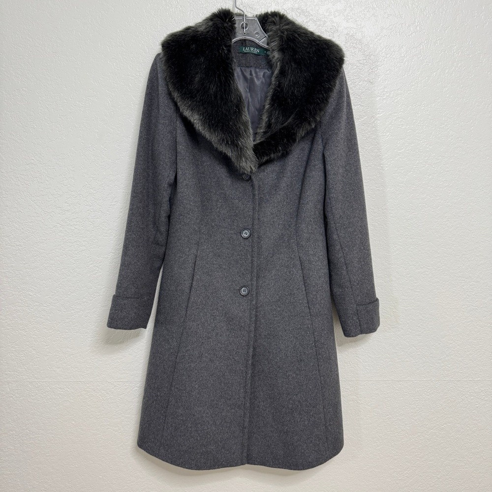 Lauren Ralph Lauren Coat Womens 6 Gray Wool Blend Faux Fur Collar Long Overcoat